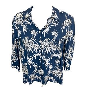 Pink Wheels Vintage Style Blue Bamboo Print Button-Up Blouse, Women's XL